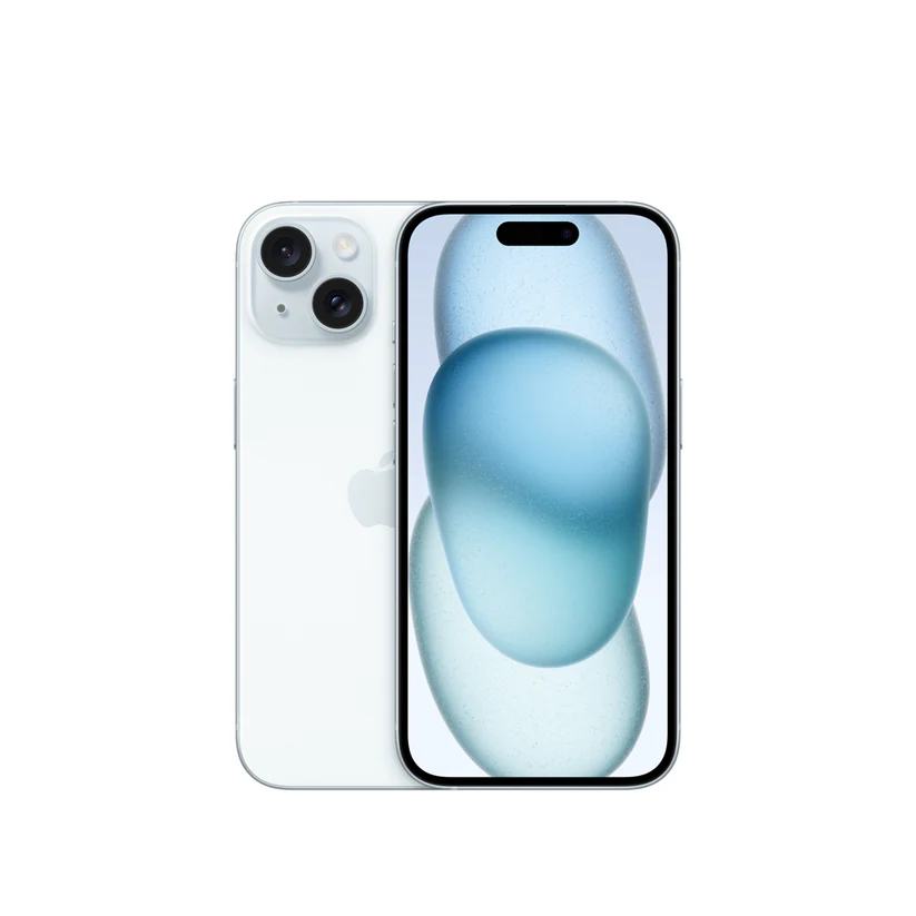"iPhone 15 color azul 128GB vista frontal" "iPhone 15 azul con Dynamic Island" "Smartphone Apple iPhone 15 azul sobre fondo blanco" iPhone 15 de 128 GB
